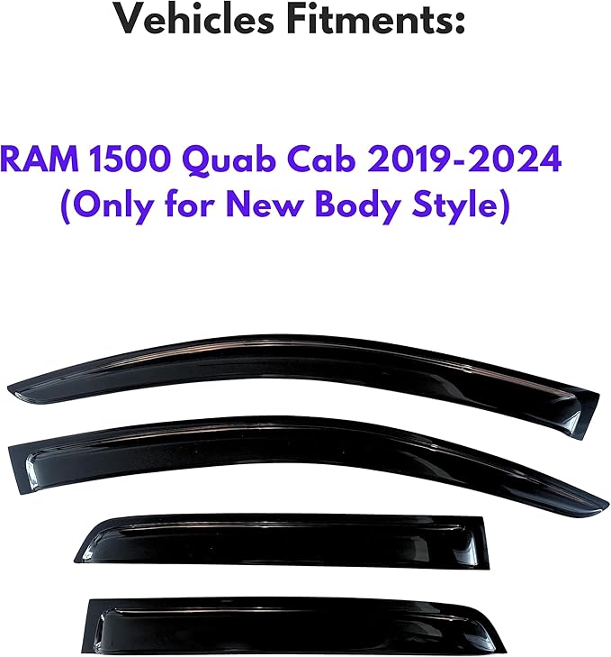 KPY Window Visor Compatible with 2019-2024 RAM 1500 Quad Cab, 4PC Rain Guard Side Window Vent Deflectors Tape-On Style, 2019 2020 2021 2022 2023 2024 (Quad Cab Only) Only for New Body Style
