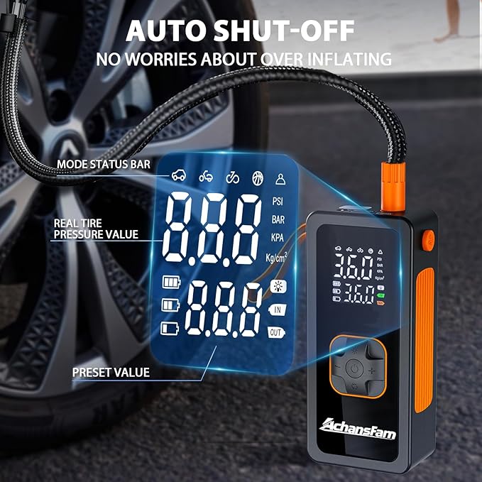 Tire Inflator Portable Air Compressor - Air Pump with Digital Pressure Gauge, 150PSI, LED Light, Auto Shut-Off Function - Cordless Pump for Car, Motorcycle, Bicycle, Balls and Lawn Equipment