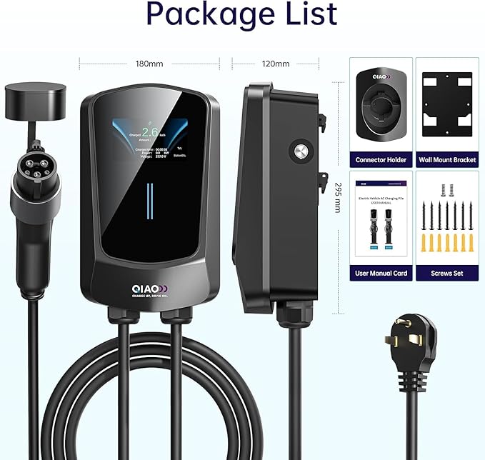 QIAO Level 2 EV Charger, Up to 40A Electric Car Charger, Wi-Fi Bluetooth APP Enabled EVSE, 4.3in Display, 25ft Cable, NEMA 6-50 Plug Charge Station Compatible with All SAE J1772 EV Models Black