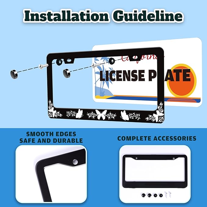 Black White Butterfly License Plate Frame Funny Butterflies License Plate Holder for Front or Rear Car Tags Reusable Durable Stainless Steel Car Decoration with Screws 6.3 X 12.2 Inch for Men Women