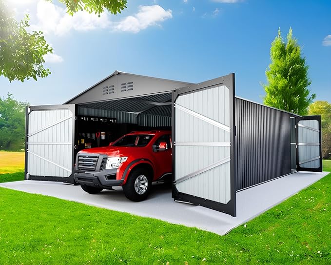10x20 FT Upgrade Outdoor Storage Shed, Metal Garage Shed with 2 Lockable Doors, Large Metal Building with 4 Air Vents, Galvanized Steel Prefab Garage Sheds for Car, Truck, Bike, Tool, Black
