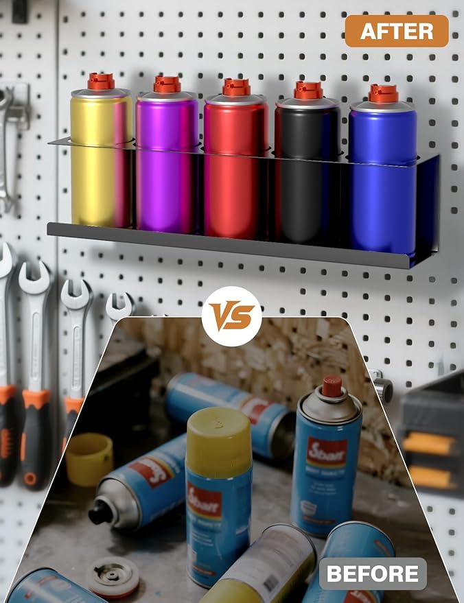 6 Pack Spray Can Holder Organizer, Wall-Mounted Steel Spray Bottle Rack, Tool Box Storage Rack, 5 Cans Metal Paint Can Organizer for Garage, Workspace, Shop, Home or Tool Trailer, Black