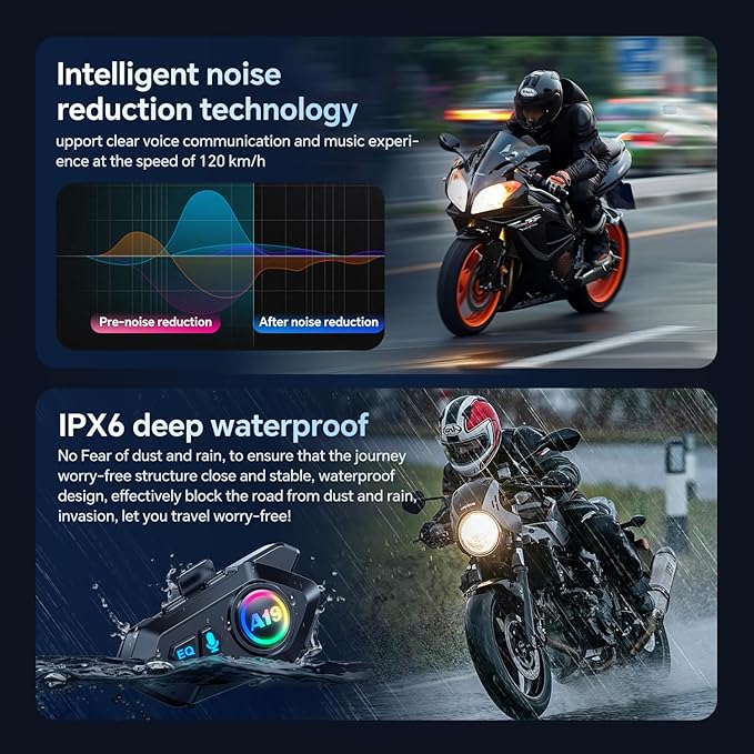 Motorcycle Helmet Bluetooth Headset, Outdoor Wireless Bluetooth 5.4 Headphone Speakers Noise Cancellation Intercom Communication Systems with IPX6 Waterproof/Strong Bass