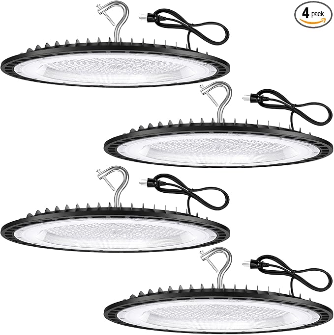 4 Pack 300W UFO Led High Bay Light Fixture,120VAC,5000K Daylight Commercial Shop Bay Lighting,45000LM,[1300W MH/HPS Equiv.] US Plug Area Lighting for Warehouse/Barn/Gym/Factory/Workshop/Garage