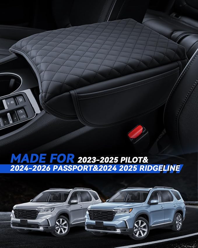 Armrest Cover for 2023-2025 Honda Pilot& 2024-2026 Passport& 2024 2025 Ridgeline Accessories Center Console Middle Lid Pad Protector for Car Elbow Rest-Thickened with Side Pockets Padded