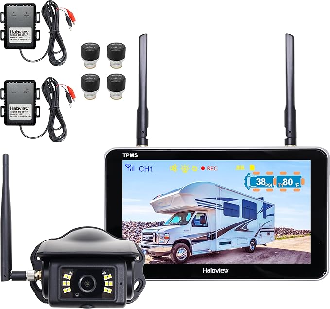 Haloview Byte Tango BT7 TPMS with 4 Sensors 1080P Wireless Backup Camera Monitor with Integrated Rv Tire Pressure Monitoring System, Ideal for RV Truck Trailer Camper TPMS-4
