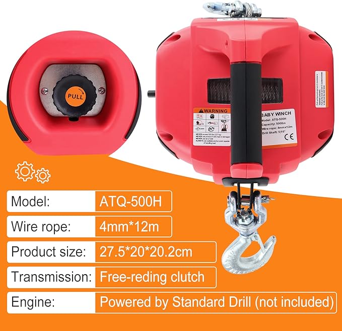 Portable Drill Winch, Rotate The Hook 360 Degrees, Red Handheld Drill Winch/Hoist of 750 LB Capacity with 40 Foot Alloy Wire Rope for Lifting & Dragging, Stretched Wire Fence, Log Handling.