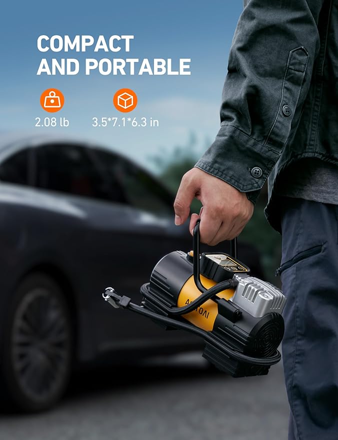 AstroAI Tire Inflator Portable Air Compressor (Up to 150 PSI) Tire Pump for Car 12V DC Digital Air Pump with 12 LEDs Super Bright Light for Bicycle, Motorcycle, Automotive Car Accessories
