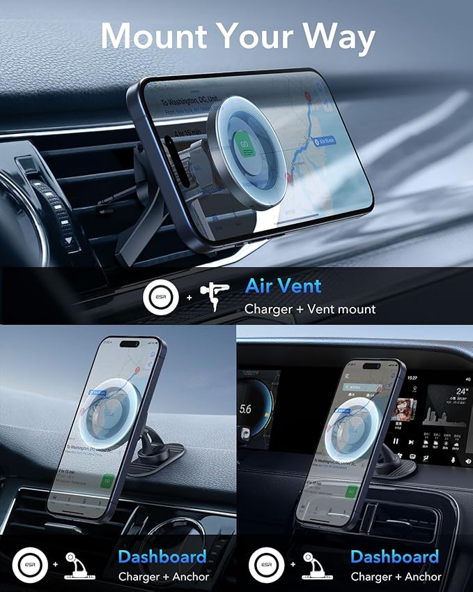 ESR for MagSafe Car Mount, Air Vent/Dashboard Magnetic Phone Holder for Car,Car Phone Holder Mount for iPhone 16/16e/15/14/13/12/Samsung, All Smartphones(2 Metal Rings included),Charging Not Supported