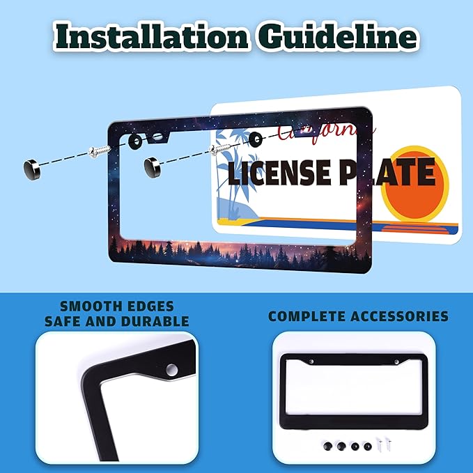Starry Sky Galaxy License Plate Frame Beautiful Night Forest Funny License Plate Holder for Front or Rear Car Tags Durable Stainless Steel Car Decoration with Screws 6.3 X 12.2 in for Men Women