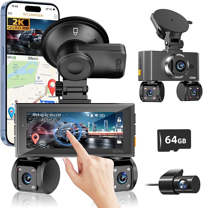 4 Channel Dash Cam Front and Rear, 360°Dash Camera for Car FHD 2K+3x1080P Touch Screen, 8 IR Night Vision, 5G WiFi, APP Control, G-Sensor, Loop Recording, Built-in GPS with 64GB Car, 24H Parking Mode