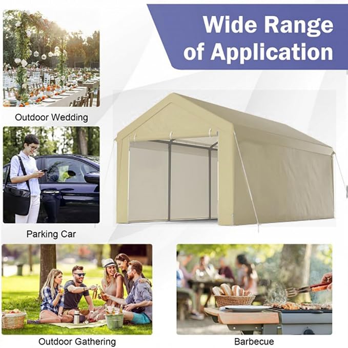 10x20 ft Heavy Duty Carport with Removable Sidewalls,All Weather Carport Garage Party Tent Large Outdoor Canopy Storage Shed for Auto,Truck,Boat,Party (Beige)