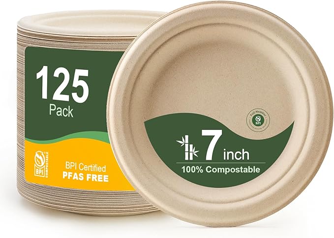 WELLIFE 100% Compostable Paper Plates 7 Inch, 125-Pack Dessert Paper Plates Bulk, Biodegradable Bagasse,Eco-Friendly Disposable Plate Small for BBQ,Picnic,Party (BPI Certified,Microwaveable)