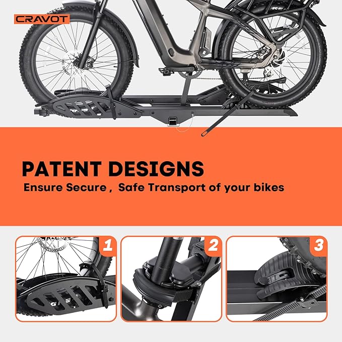 CyberRack E2 Hitch 2 EBike Rack with Ramp, 200 lbs Capacity Electric Bike Carrier Foldable Platform Mount, Up to 5-inch Fat Tire Bicycle for 2'' Receiver Cars Trucks SUVs Minivans RV, Trailer