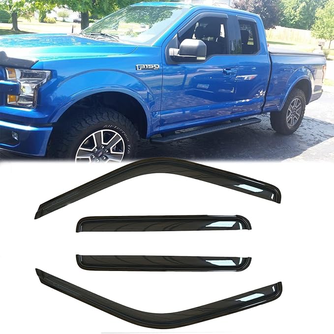 4pcs Original Shatterproof Outside Mount Style Side Window Visor Deflector Rain Guard Vent Window Visors for 97-03 F-150 97-99 F-250 Light Duty Super/Extended Cab with 2 Half Rear 94808