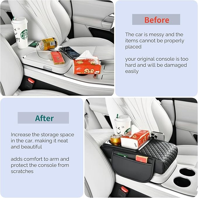 Upgrade Arm Rest Cover for Car, 5-in-1 Middle Console Cover Cushion Pad with Cup Holders & Side Pockets, Center Armrest Storage Box, Black