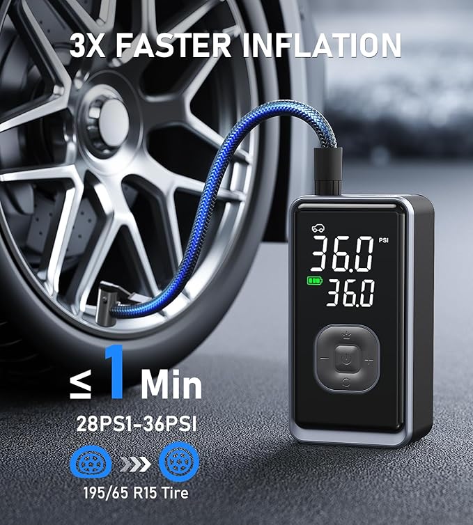 Tire Inflator Portable Air Compressor, 150PSI Cordless Mini Air Pump with Digital Pressure, Bike Pump, 3X Fast Inflation Tire Inflator for Car, Motorcycle, Bike, Ball-LED Light and Auto Shut-Off