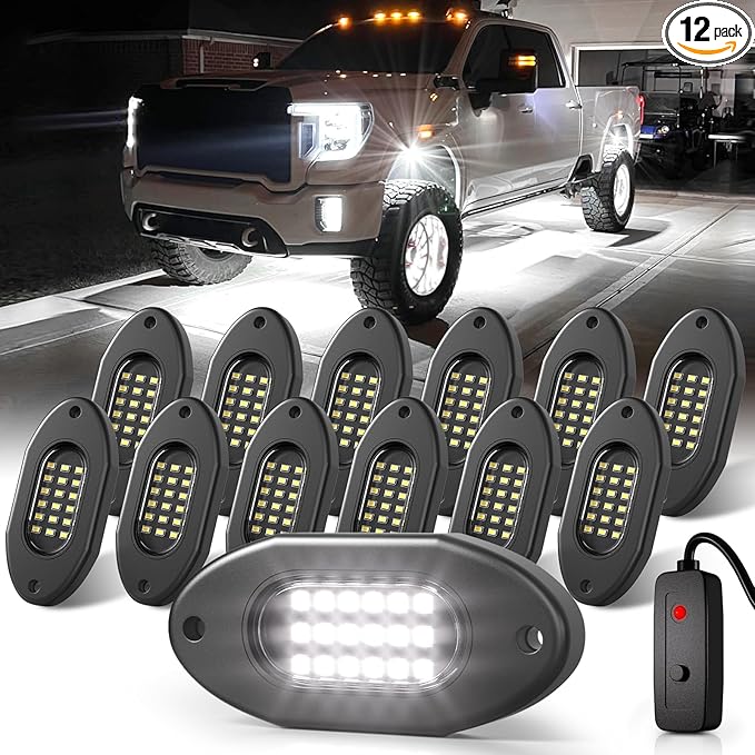 Honalia Pure White Rock Lights for Trucks 12 Pods, 6000K White LED Rock Lights Kits with Switch