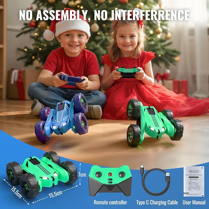 MaxTronic Remote Control Car, Rechargeable RC Cars & Remote - 20km/h Double Sided 360° Rotation Stunt Stunt Crawler with LED Lights for Boys Girls Aged 3-12