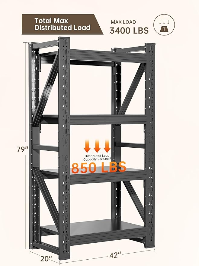 4-Tier Storage Shelves,79" H Heavy-Duty Garage Shelving Unit,Adjustable Industrial Metal Shelf System,3,400lbs Capacity,Tool Organizer for Garage,Workshop,42" W*20" D*79" H,Black