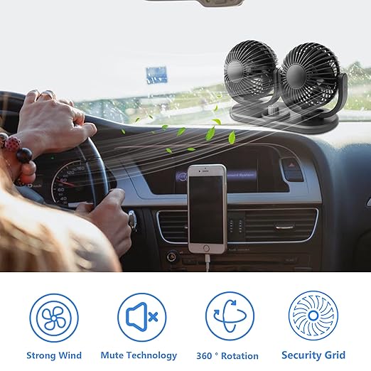 12V Car Fans Cooling Air Fan Powerful Dashboard Electric Dual Car Fan Cigarette Lighter Low Noise 360 Degree Rotatable for Truck Vehicle Boat Van SUV RV