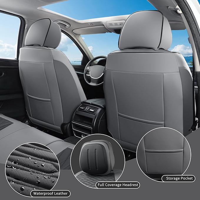 Car Seat Covers Full Set, Leather Seat Covers for Cars, Car Seat Protector Waterproof, Non-Slip Car Interior Covers Fit for Most Cars, SUV, Vans, Trucks,5Seaters,Full Set,Gray-Black,COMFDRIVE-A03