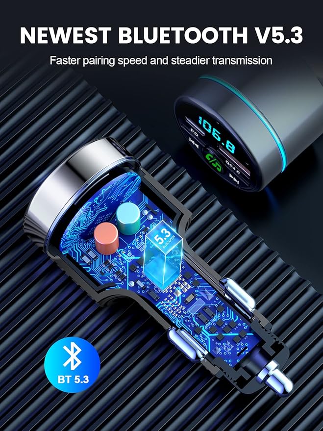 FM Transmitter for Bluetooth 5.3, [All-Metal] PD 30W & QC3.0 18W Fast Car Charger, Wireless FM Radio Kit Bluetooth Car Adapter, Noise Cancelling Hands-Free Call, Blue Light - Silver