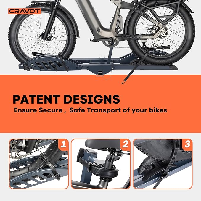 CyberRack E2 Hitch 2 E-Bike Rack with Ramp,200 lbs Capacity Electric Bike Carrier Foldable Platform Mount, Up to 5-inch Fat Tire Bicycle for 2'' Receiver Cars Trucks SUVs Minivans RV, Trailer