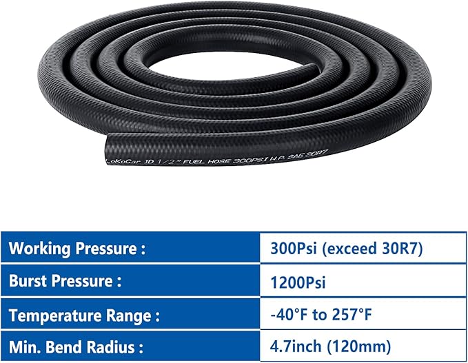 LokoCar Rubber Fuel Hose Line Push Lock 1/2" ID SAE 30R7 NBR 10ft 300PSI Black