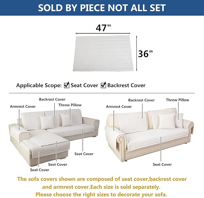 Eismodra Couch Cover,Sectional Couch Covers,Sofa Covers for 3 Cushion Couch,Anti-Slip Sofa Slipcovers for Dogs Cats Kids Loveseat Recliner L Shaped Armrest Backrest,White 36''x47''(Only 1 Piece)