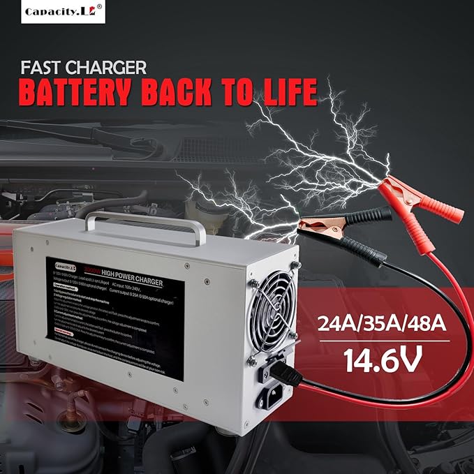 High Power Battery Charger, Upgraded Design LifePO4 Battery Charger, One Click Control Adjustable Current/Voltage Portable Adapter for LiFePO4 Lithium Iron Rechargeable Battery(60V/50A)