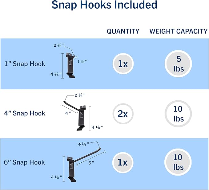 8 Pack Heavy Duty Slatwall Hooks, Black, Snap & Heavy-Duty Hooks Mix, Organize Garage, Storage, Tools, Sports Gear, Cords