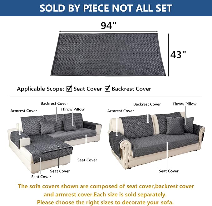 Eismodra Couch Cover,Sectional Couch Covers,Sofa Covers for 3 Cushion Couch,Anti-Slip Sofa Slipcovers for Dogs Cats Kids Loveseat Recliner L Shaped Armrest Backrest,Dark Gray 43''x94''(Only 1 Piece)