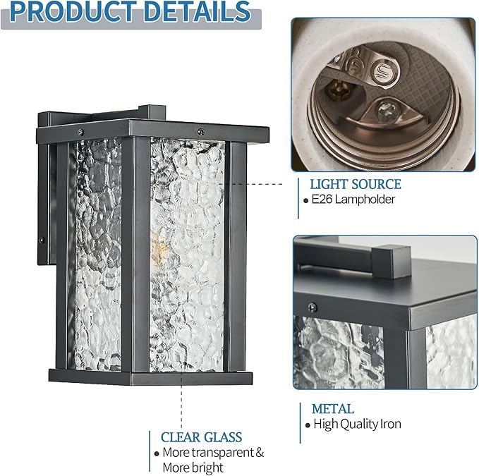 Outdoor Wall Sconce E26 Base Metal Frame - Black Exterior Light Fixture with Clear Glass, Waterproof Porch Wall Mount Lighting for Garage, Patio(Bulb not Included)