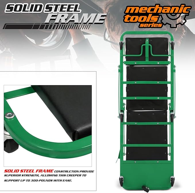 M-AUTO Heavy-Duty Convertible Mechanic Creeper, Z-Creeper 2-in-1 Creeper and Seat 48" Padded Adjustable Headrest Roller Garage Chair with 7 Swivel Casters for Washing, Detailing, Maintenance, Green