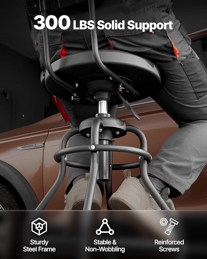 VEVOR Shop Stool with Backrest, Pneumatic Garage Seat/Work Stool with 300 lbs Capacity, Adjustable Height Roller Creeper Seat, 360° Swivel Padded Workshop Stool, for Garage, Shop & Auto Repair, Black