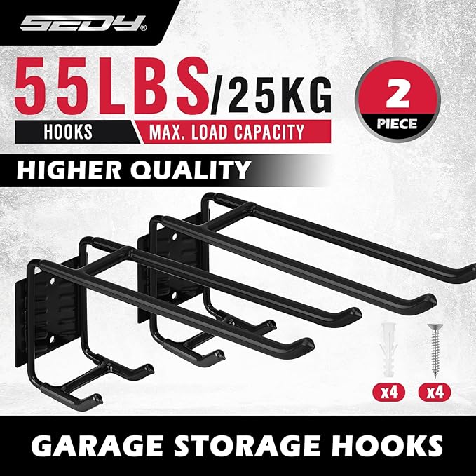 2-Piece 9.4" Heavy Duty Garage Hooks, Sturdy Utility Hooks Holds 55 LB Wall Mount Garden Tool Organizer Hangers for Hanging Shovel Ladder Chairs Strollers Power Tool Tire and More (Black)