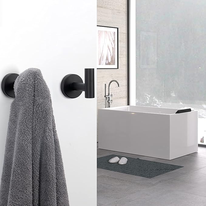 NearMoon Bath Towel Hooks- SUS 304 Stainless Steel Robe Hook Holder, Heavy Duty Coat Hook for Bathroom Livingroom Hotel Kitchen Garage, Wall Mounted (Matte Black, 4 Pack)