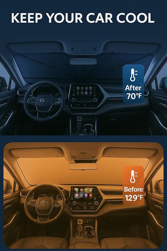 Proadsy Windshield Sun Shade Umbrella for Toyota Grand Highlander 2020-2026 Foldable Car Umbrella Sunshade with Soft TPU Handle Spring Structure Crystal Cooling Material Protect Car from Rays & Heat