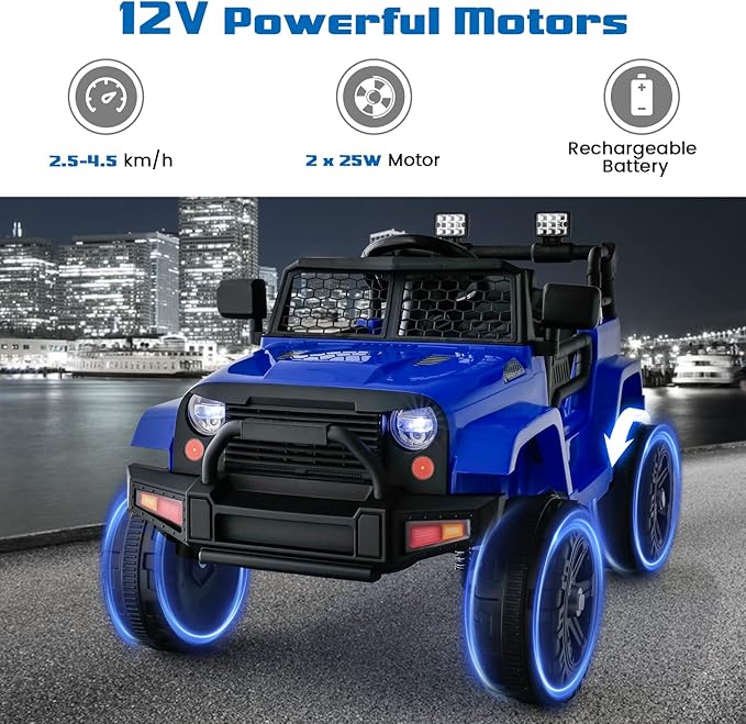 OLAKIDS Kids Ride On Truck, 12V Electric Vehicle Car with Remote Control, Toddlers Battery Powered Toy with 2 Speeds, Spring Suspension, Double Open Doors, LED Lights, TF, Music, USB, Mp3 (Blue)
