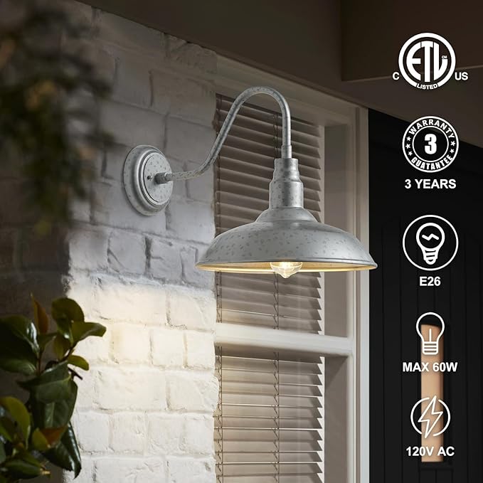 10'' Dome Outdoor Gooseneck Barn Light, Galvanized Steel Exterior Wall Lantern Farmhouse Style Outdoor Porch Wall Sconce for Patio, Yard, Garage 1 Pack Gooseneck Lighting Fixture, LM2201-SV