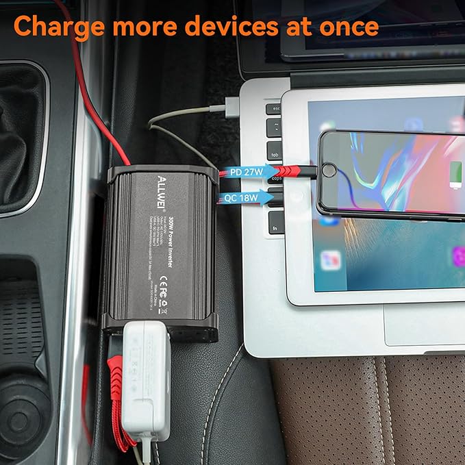 300W Car Power Inverter 12v to 110v, Car Plug in Adapter Outlet with PD 27w USB-C and Fast Charger 18w USB-A, Car Outlet Adapter, Car Converter to Outlet Plug, Power Inverters for Vehicles (Black)