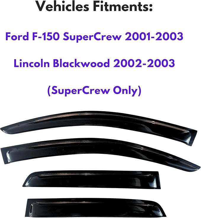 KPY Window Visor Compatible with Ford F150 SuperCrew 2001-2003 & Lincoln Blackwood 2002-2003, 4PC Rain Guard Vent Deflector Tape-On, 2001 2002 2003 (SuperCrew Only)