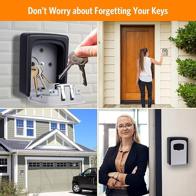 Key Lock Box Wall Mounted, Fayleeko 4 Digit Combination Lockbox for Outside, House Keys - 5 Keys Capacity, Key Safe Security Storage Lock Box for Indoor, Outdoor, Garage, Garden, Store (Black, 4Pack)