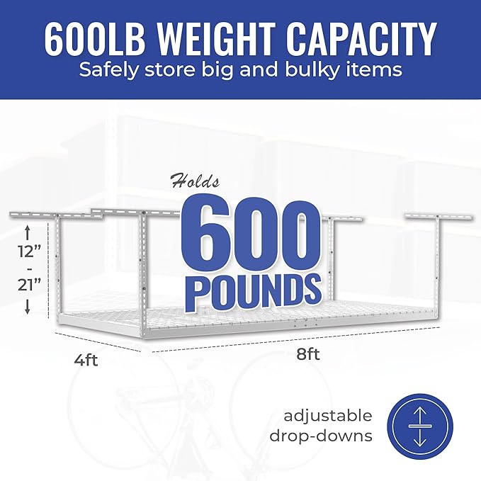 SafeRacks 4x8 Overhead Garage Storage Rack Heavy Duty - White (12"-21") - Holds 600 lb