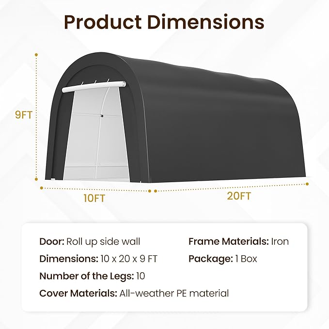 Kiss the Water Carport, Round Portable Garage, Steel Heavy Duty Carport with Ground Stakes, Tensioner and 2 Roll Up Windows PE Fabric Car Port, Garage, Storage Shed, Tent for Storage, SUV (10x20 Ft)