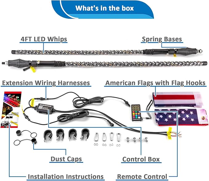 Wsays 2pcs 4ft RGB Led Whip Light with Spring Base Chasing Light with Flags and Controller Lighted Whips Fit for UTV, ATV, SUV, Car, Golf Cart, Truck, and Boat