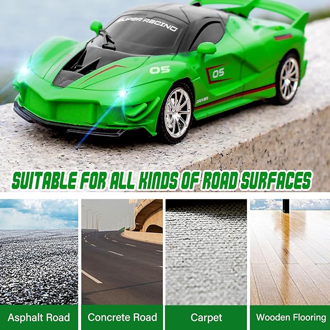 RC Cars - Remote Control Car for Kids, 2.4GHz Sport Racing Hobby Electric High Speed Drift Model Vehicle with Led Headlight and 2 Controller Rechargeable,Toys Car for Boys Age 4-7 8-12(Green)