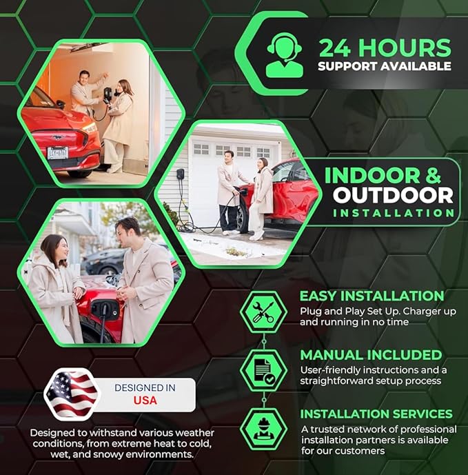 MACH 1: Fast 48 Amp Level 2 EV Charger, Wall-Mount Electric Vehicle Charging Station, 200-240V Hardwire or NEMA 14-50. J1772 car Connector & Tesla NACS, Indoor/Outdoor, 30ft Cable evse Adapter