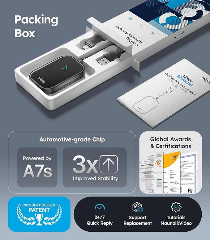Wigoo 2025 Upgrade Wireless CarPlay Adapter for iPhone [Long-Drive Stability, 10s Connect, Easy Use] Converts Wired to Wireless, Low Delay CarPlay Dongle, Fit for Cars with Wired CarPlay, Blue